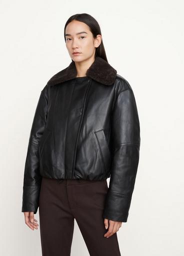 Shearling Collar Leather Puffer Jacket image number 1