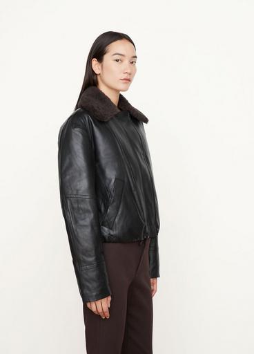Shearling Collar Leather Puffer Jacket image number 2