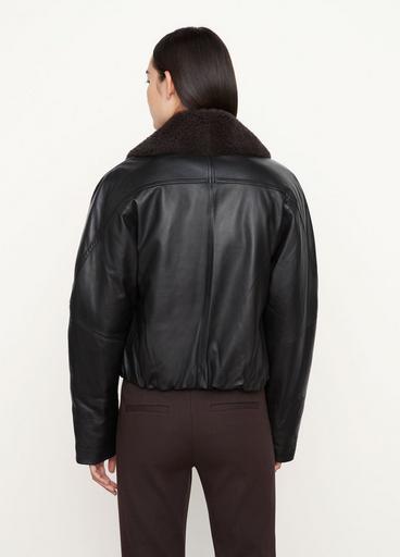 Shearling Collar Leather Puffer Jacket image number 3