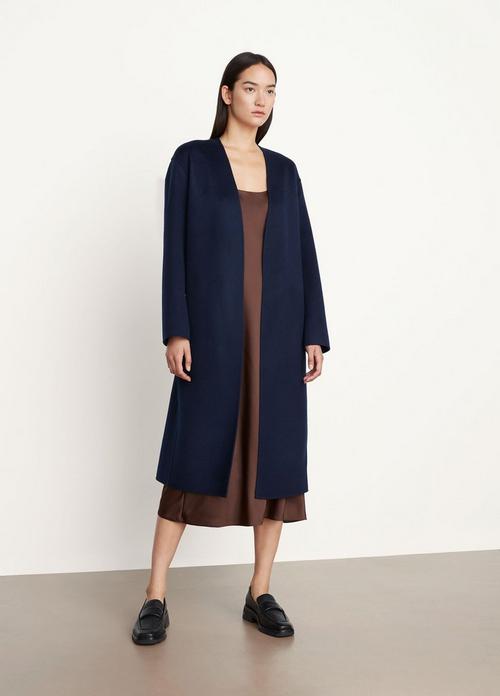 Belted Collarless Coat in Wool and Cashmere