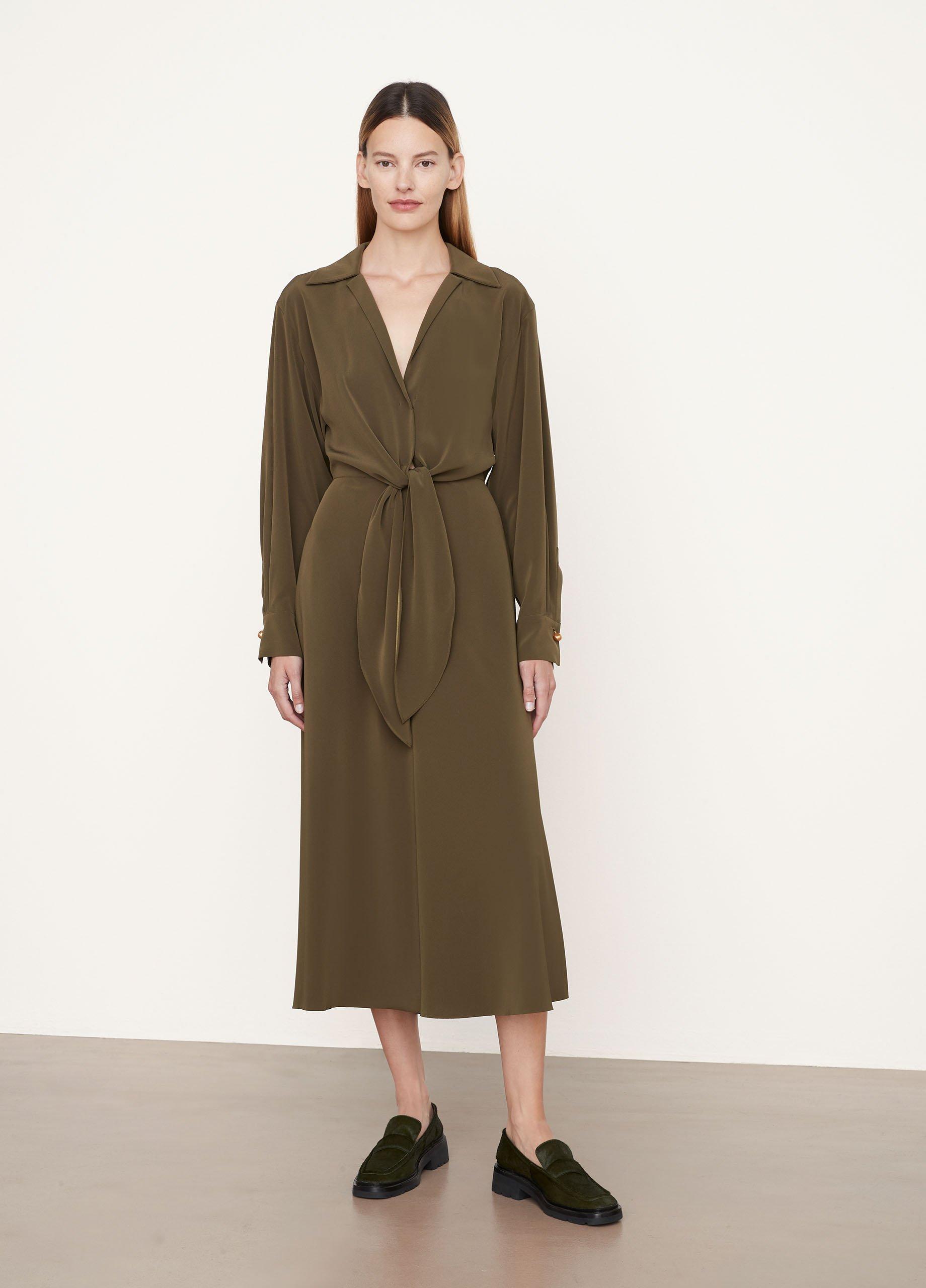 Long Sleeve Shaped Collar Tie-Front Dress image number 0