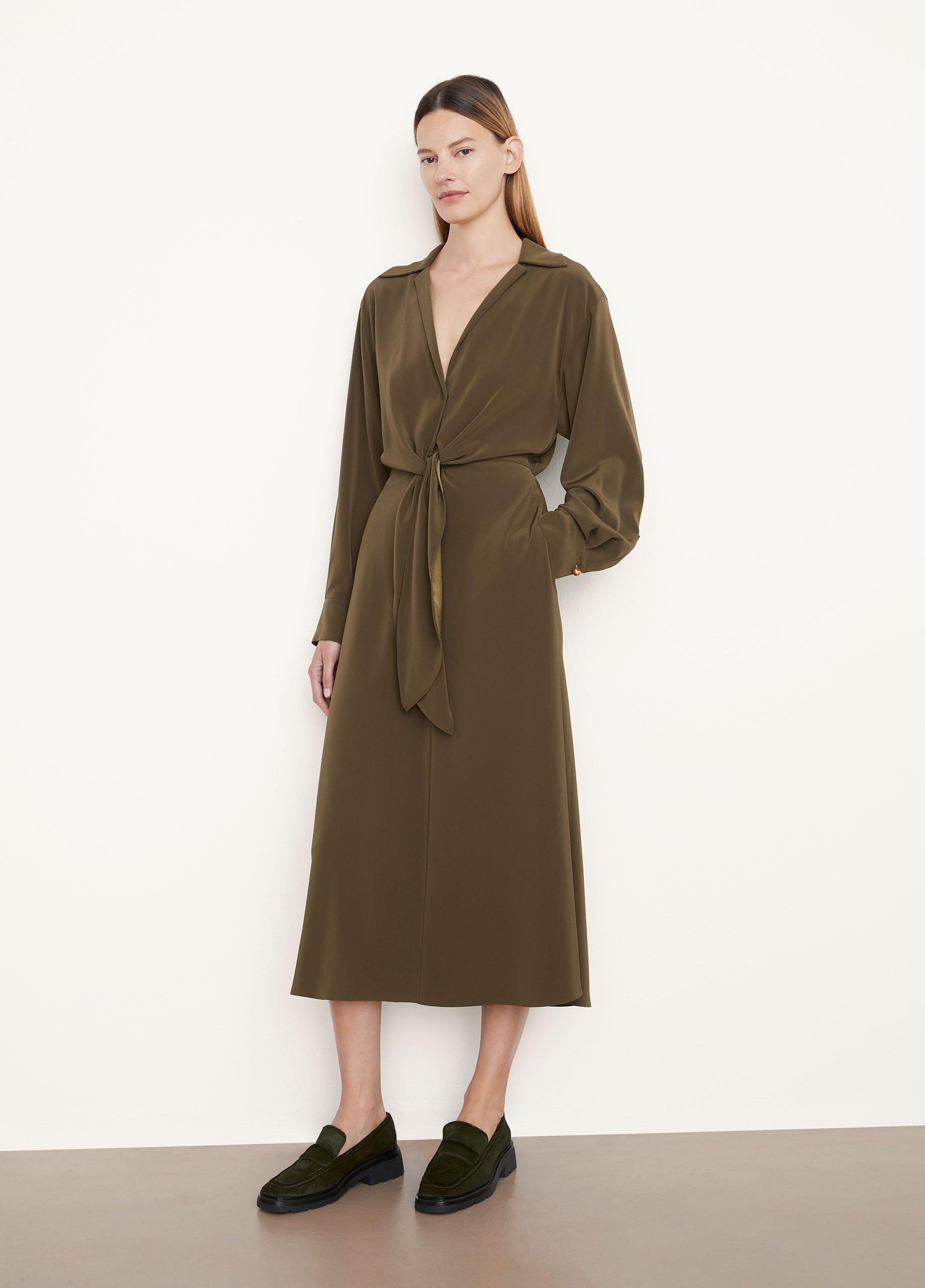 Long Sleeve Shaped Collar Tie-Front Dress image number 1