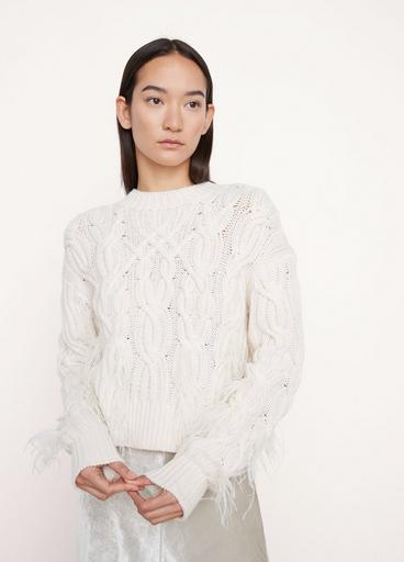 Feather Embellished Cable Crew Neck Sweater image number 1