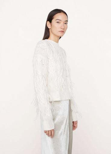 Feather Embellished Cable Crew Neck Sweater image number 2