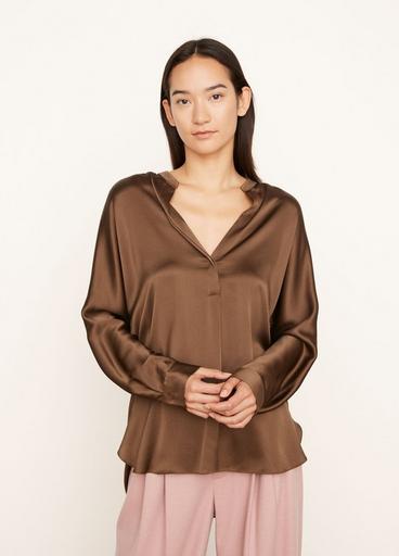 Silk Band Collar Long Sleeve Blouse image number 1