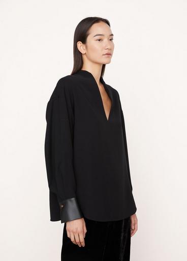 Faux Leather Long Sleeve Slit-Neck Top image number 2