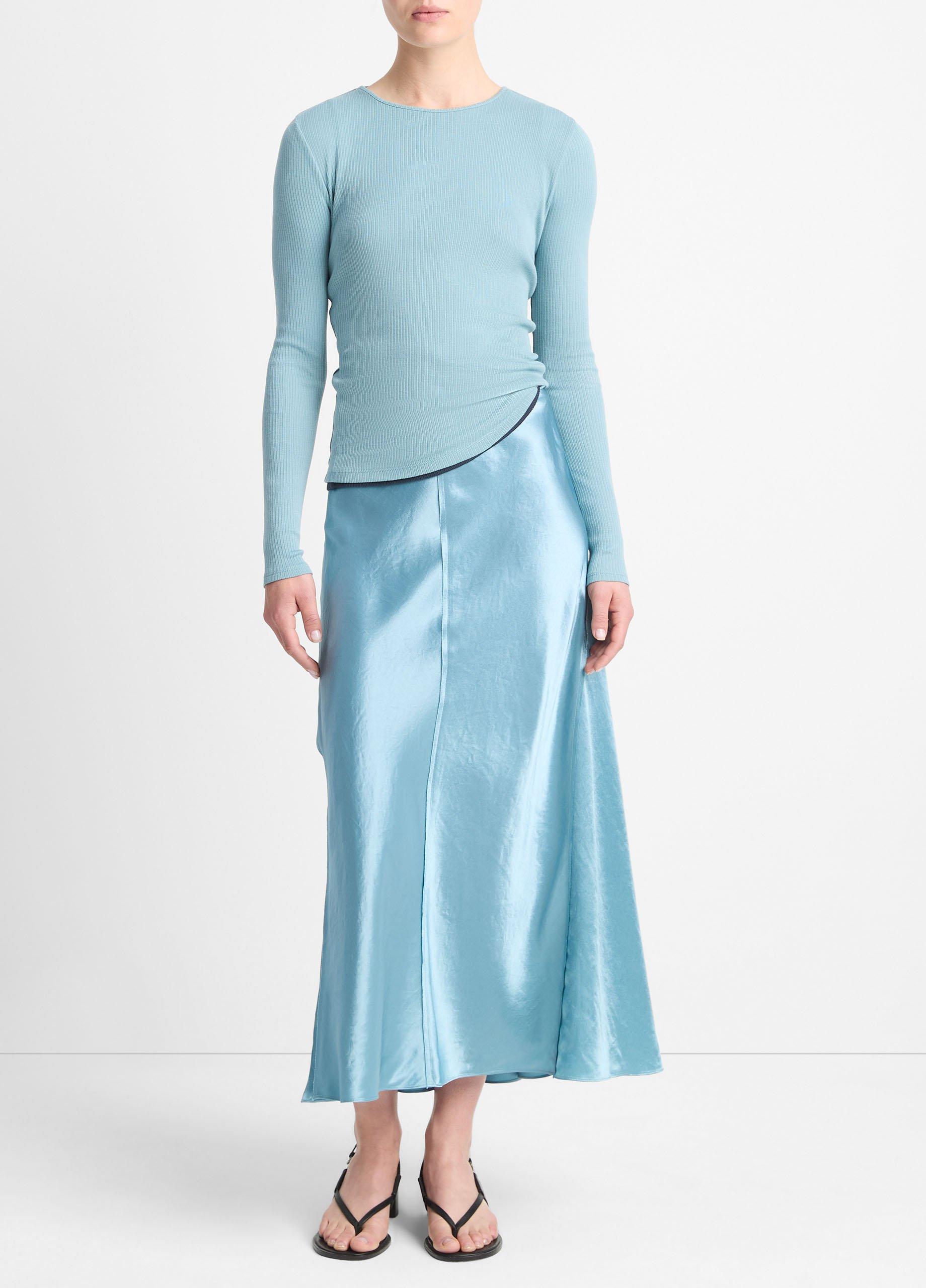 빈스 Vince Satin Raw-Edge Paneled Slip Skirt,JADE SEA