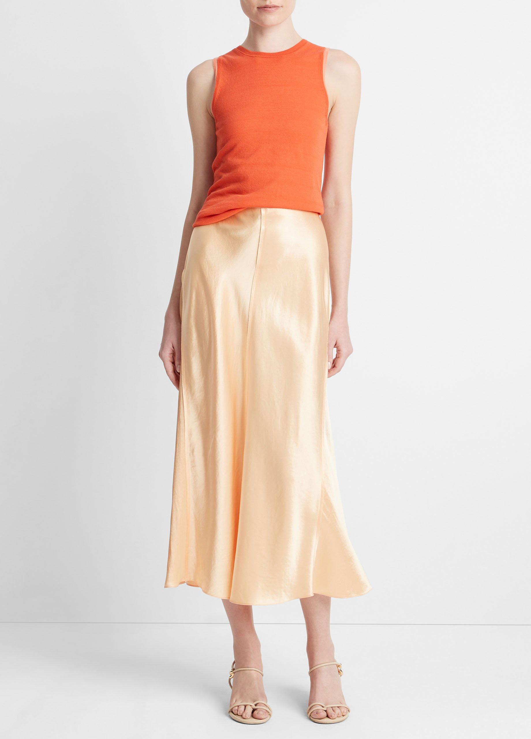 빈스 Vince Satin Raw-Edge Paneled Slip Skirt,CANTALOUPE