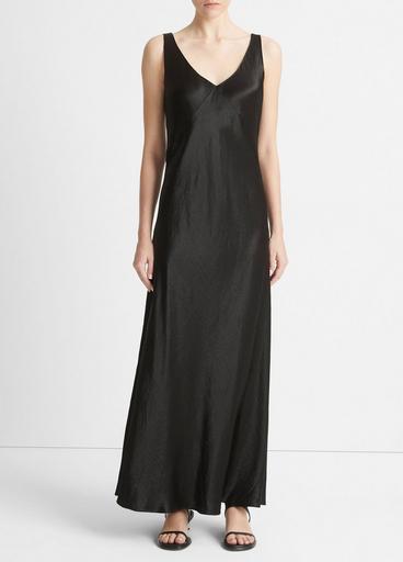 black maxi slip dress Linen Beach Livia XXS / Cloudy Blue Pair with statement gold jewellery and slim cat Satin V-Neck Maxi Slip Dress