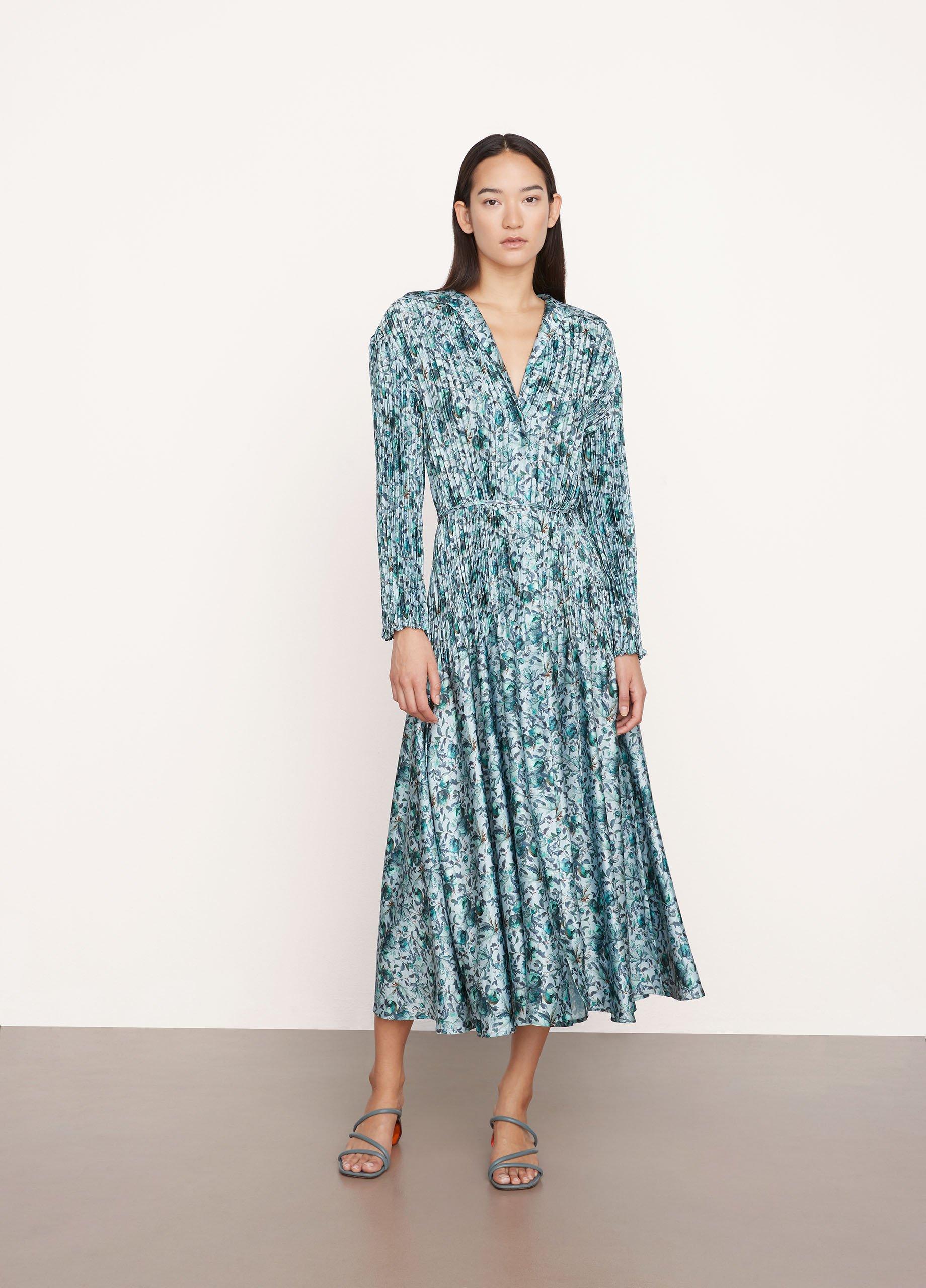 Floral wool embellished cotton denim release pleat shirtdress