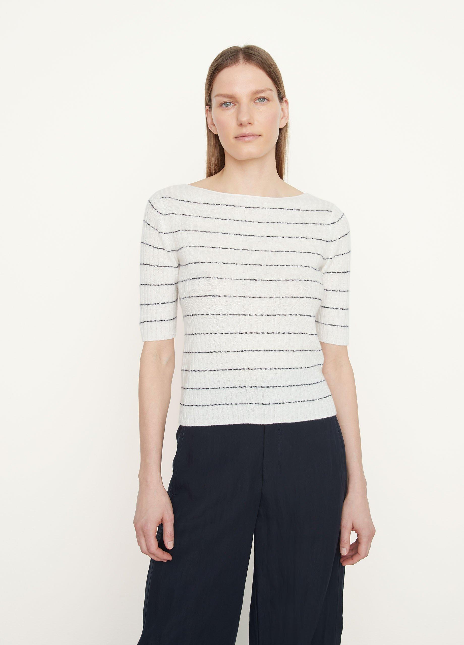 Stripe Ribbed Linen-Cashmere Sweater in Sweaters | Vince