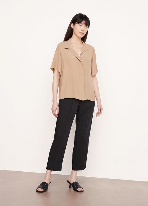 Silk-Blend Short Sleeve Stand Collar Button-Down Shirt