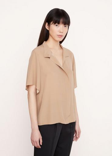 Silk-Blend Short Sleeve Stand Collar Button-Down Shirt image number 2
