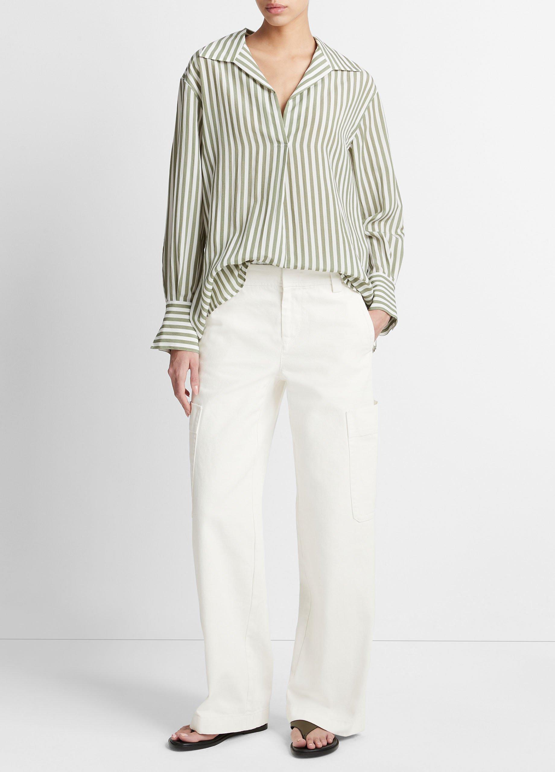 빈스 Vince Coastal Stripe Shaped-Collar Shirt,SEA FERN/OPTIC WHITE