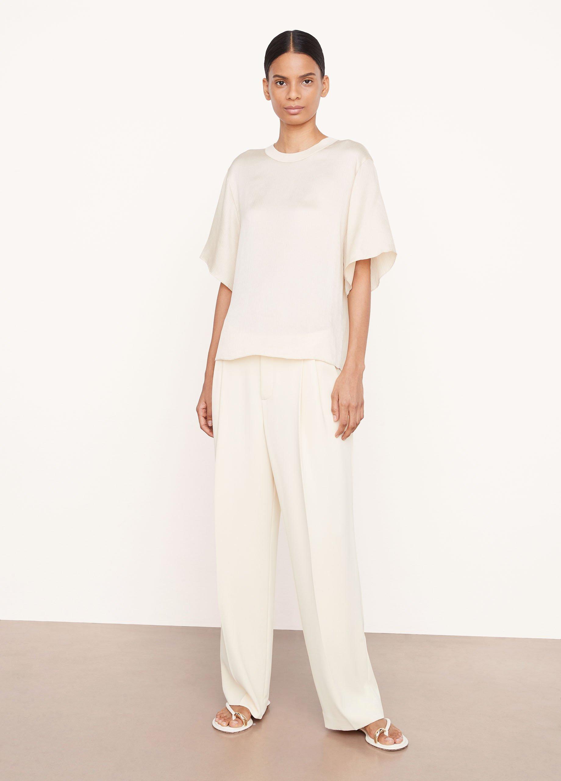 Rib-Trim Silk Flutter-Sleeve Top in Shirts & Tees | Vince