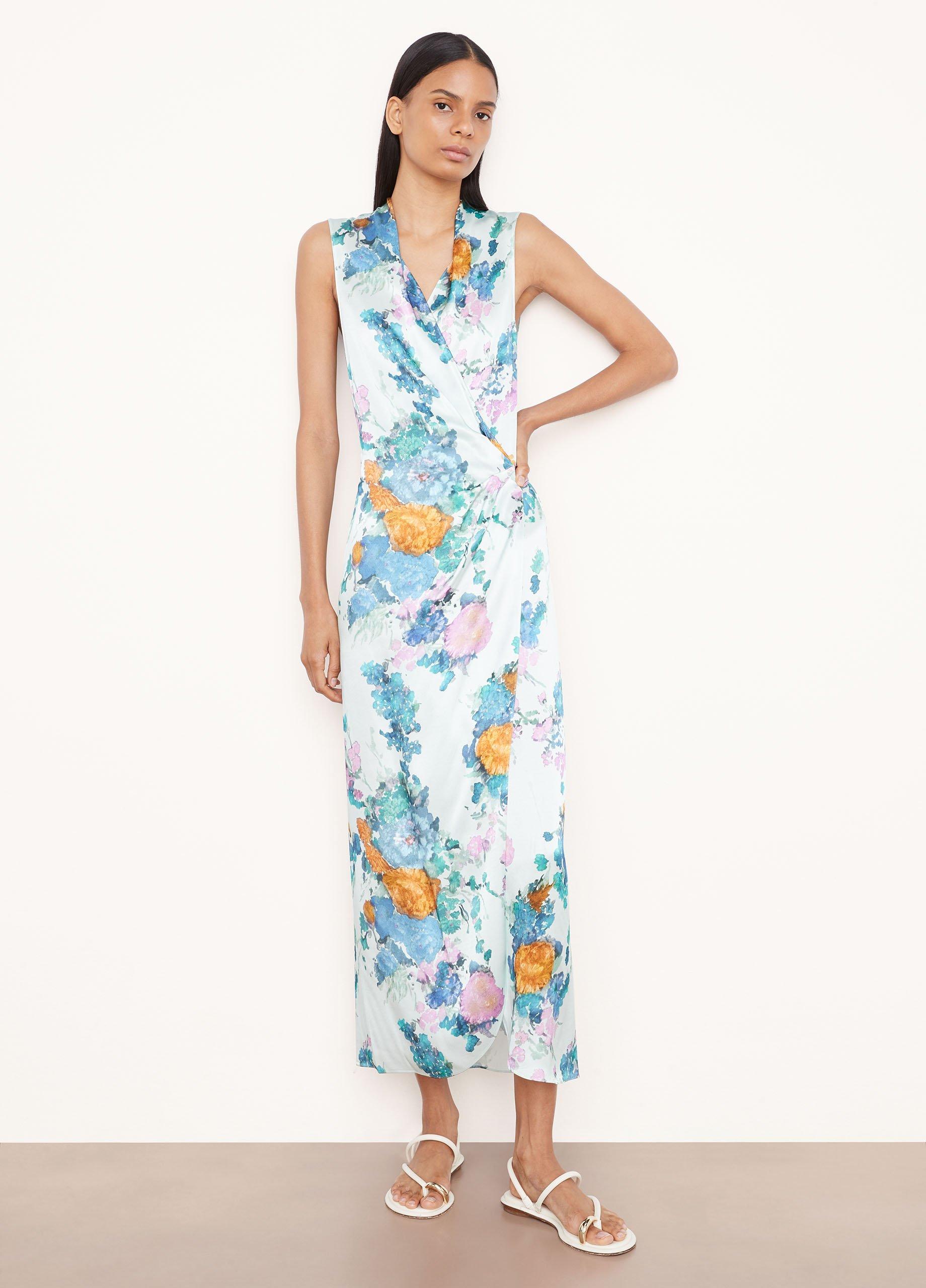 Painted Bouquet Sleeveless Draped Pleat Wrap Dress in Dresses