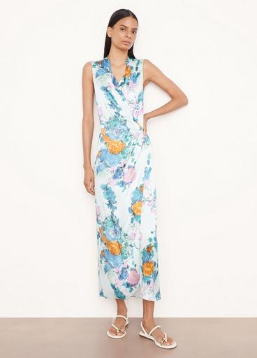Painted Bouquet Sleeveless Draped Pleat Wrap Dress image number 1
