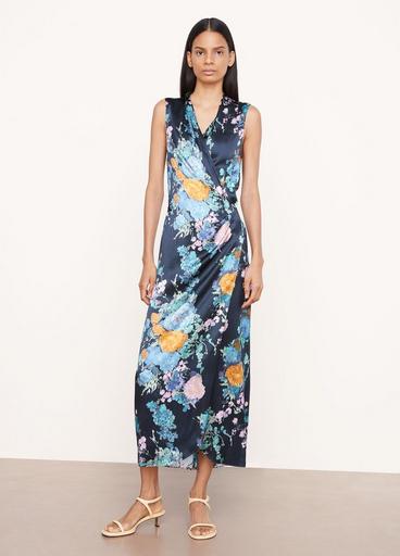 Painted Bouquet Sleeveless Draped Pleat Wrap Dress image number 0