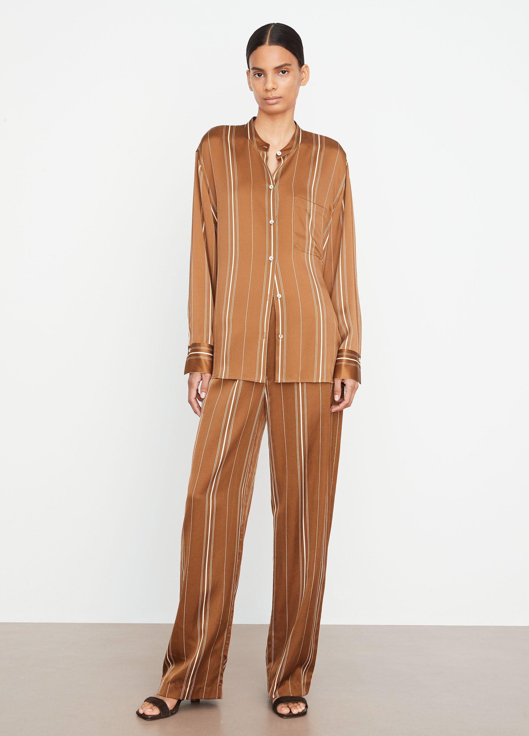 Multi-Stripe Silk Band-Collar Shirt image number 0