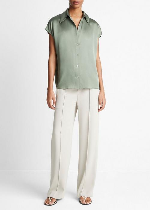 Silk Cap-Sleeve Ruched-Back Blouse