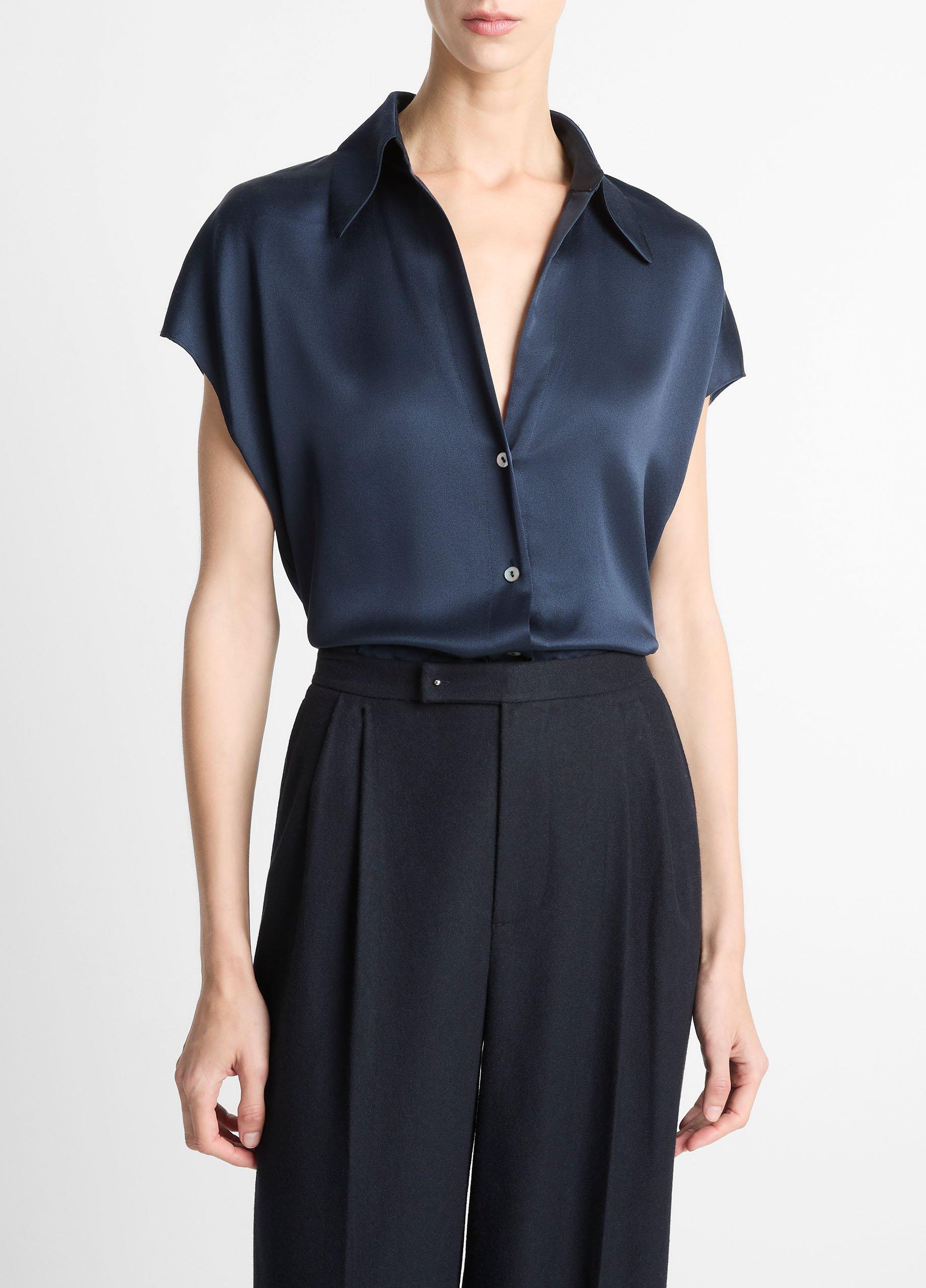 빈스 Vince Silk Cap-Sleeve Ruched-Back Blouse,COASTAL BLUE