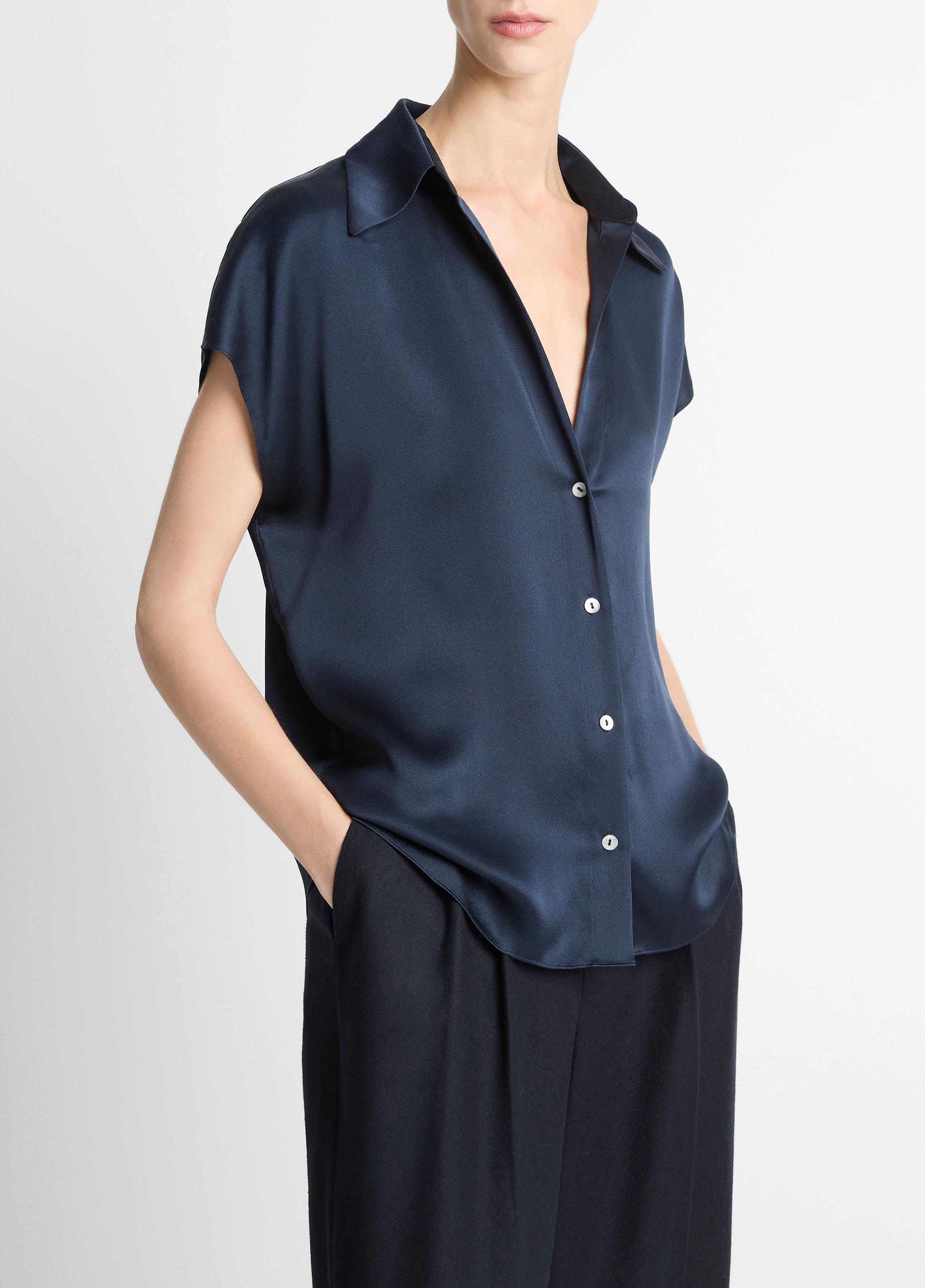 Silk Cap-Sleeve Ruched-Back Blouse image number 1
