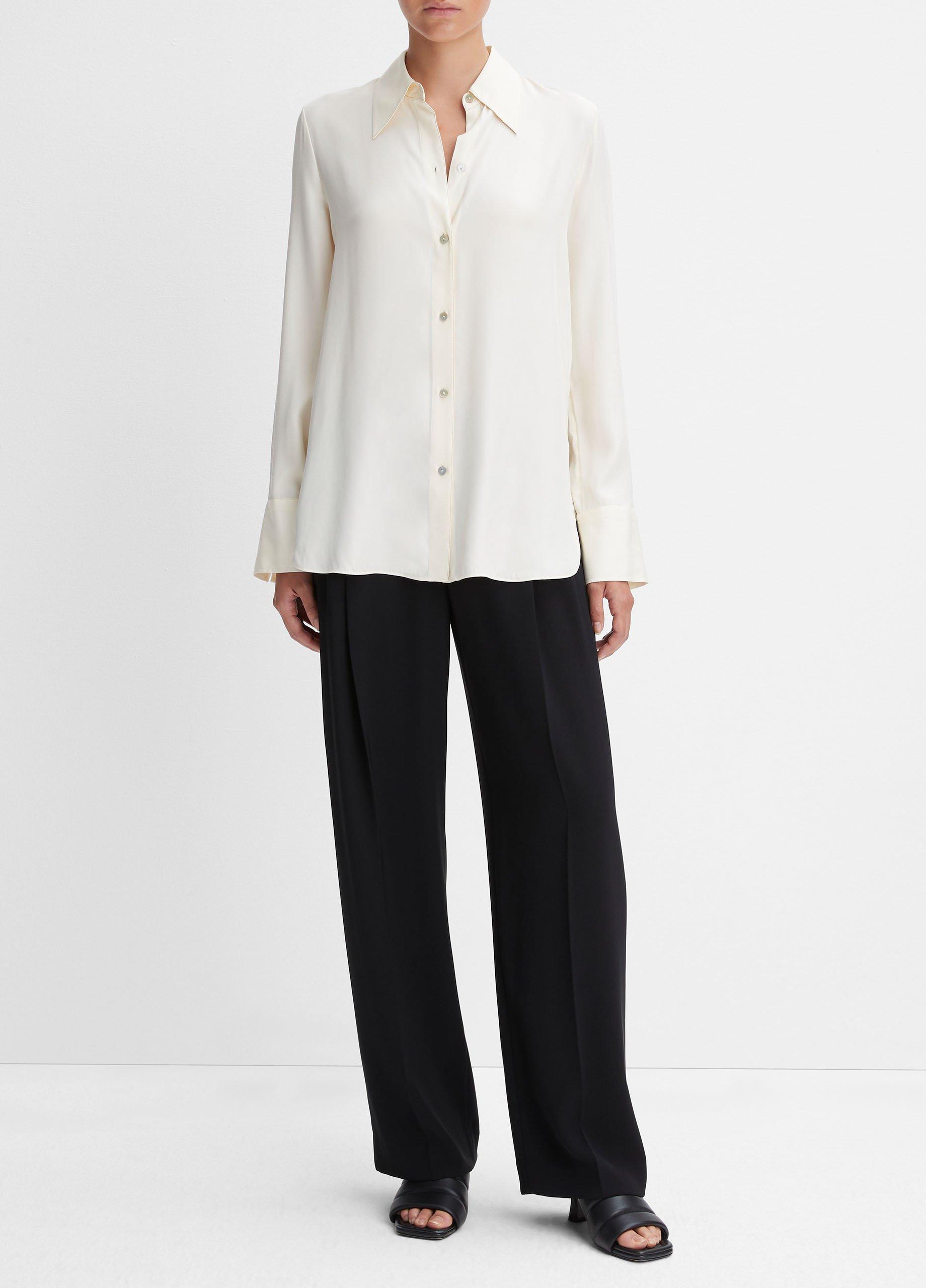 Easy Silk-Blend Long-Sleeve Button-Front Blouse in Vince Products