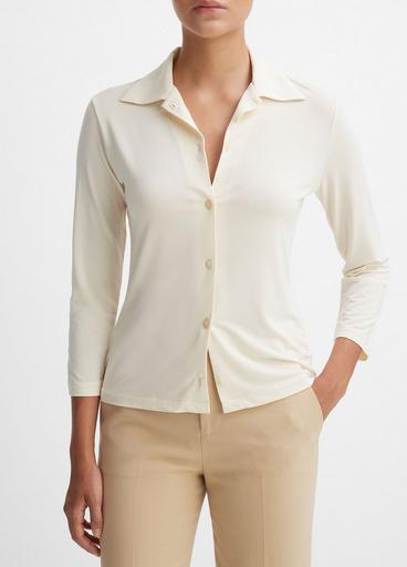 Three-Quarter-Sleeve Button-Front Polo Top image number 1