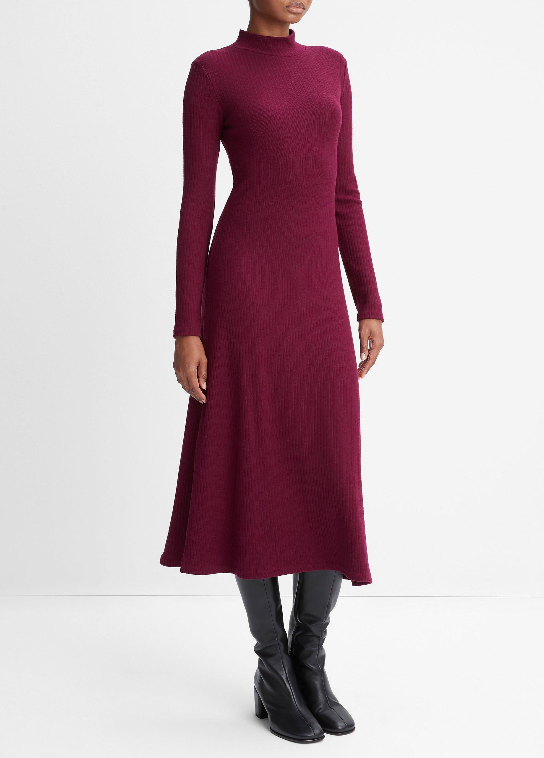 Ribbed Long-Sleeve Crew Neck Dress in Dresses