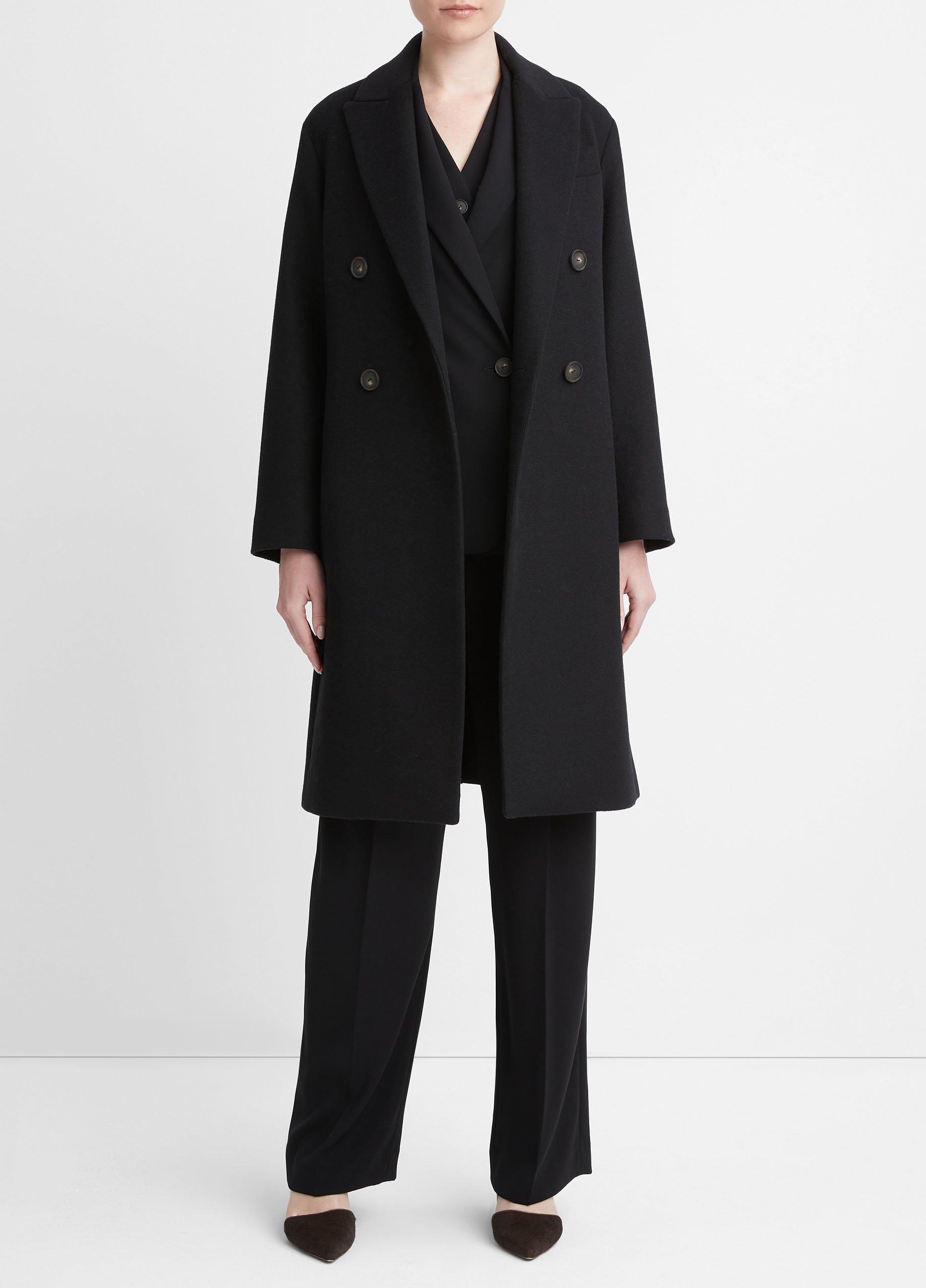 빈스 Vince Brushed Wool-Blend Double-Breasted Coat,BLACK