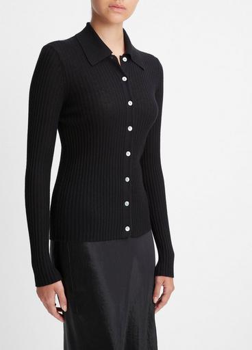 Ribbed Cashmere-Silk Button-Front Polo Sweater image number 2