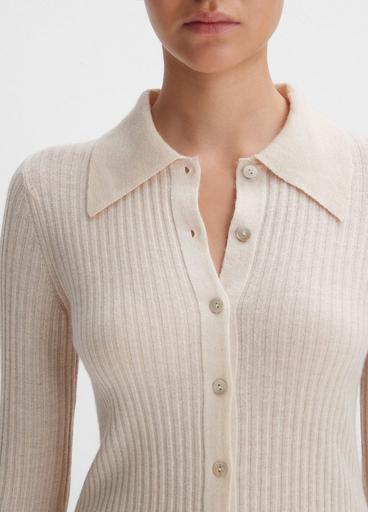 Ribbed Cashmere-Silk Button-Front Polo Sweater image number 1