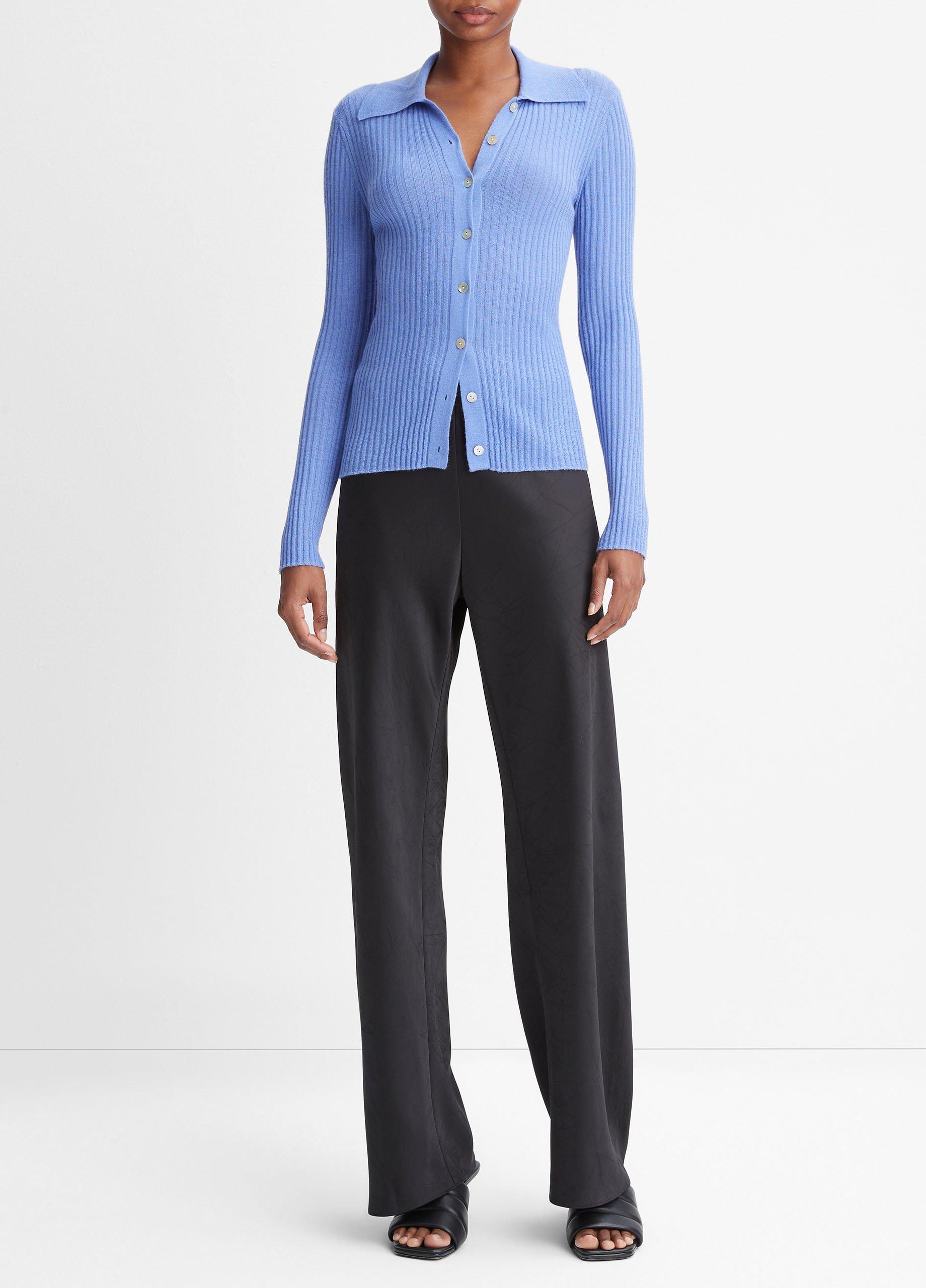 Ribbed Cashmere-Silk Button-Front Polo Sweater in Sweaters | Vince