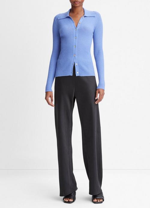 Ribbed Cashmere-Silk Button-Front Polo Sweater