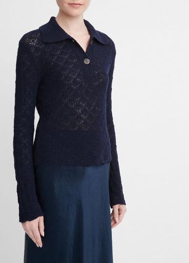 Italian Wool-Blend Lace-Stitch Polo Sweater image number 2