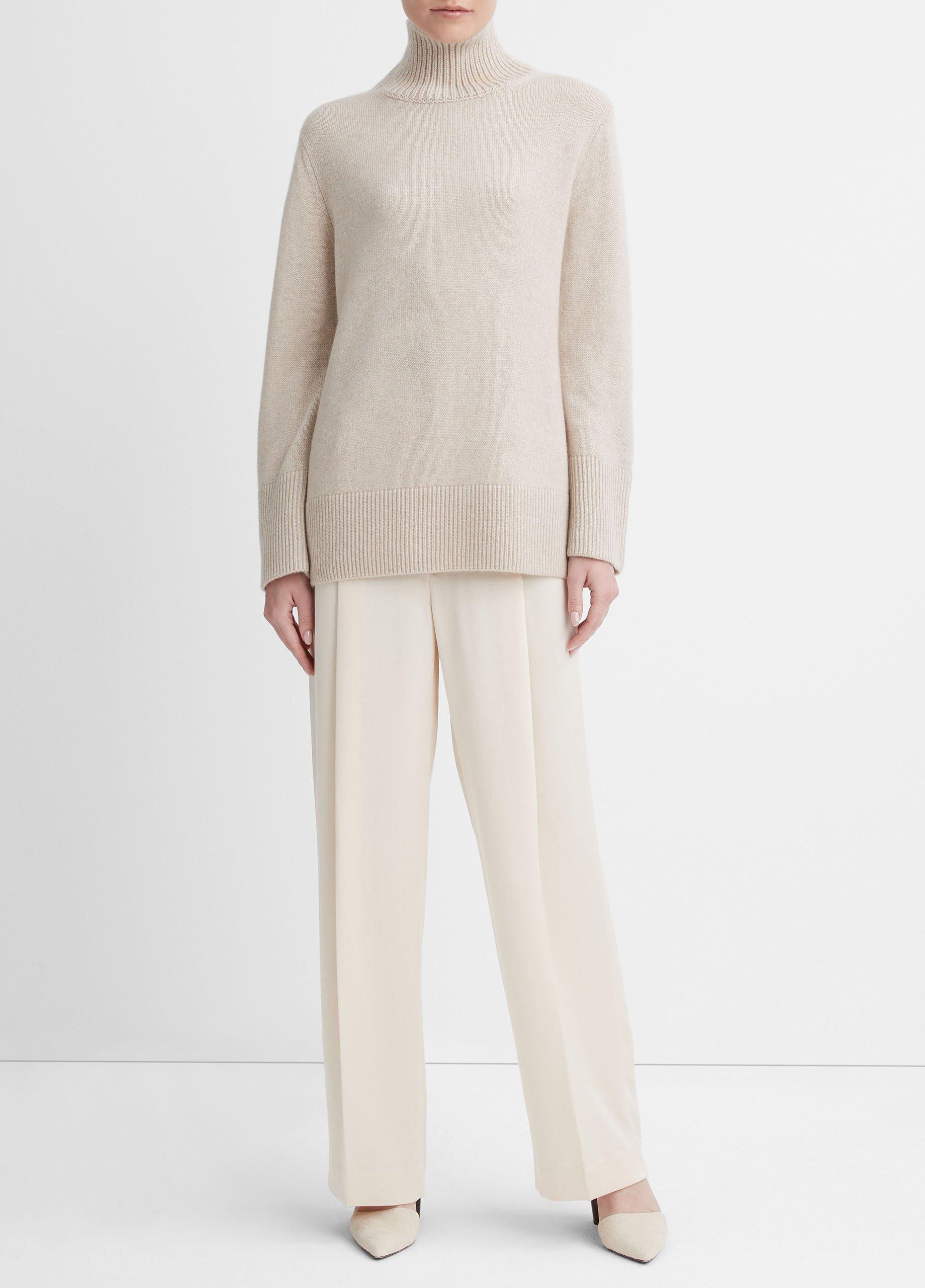 빈스 Vince Mixed-Gauge Wool-Cashmere Turtleneck Tunic Sweater,HEATHER HAZEL CREAM