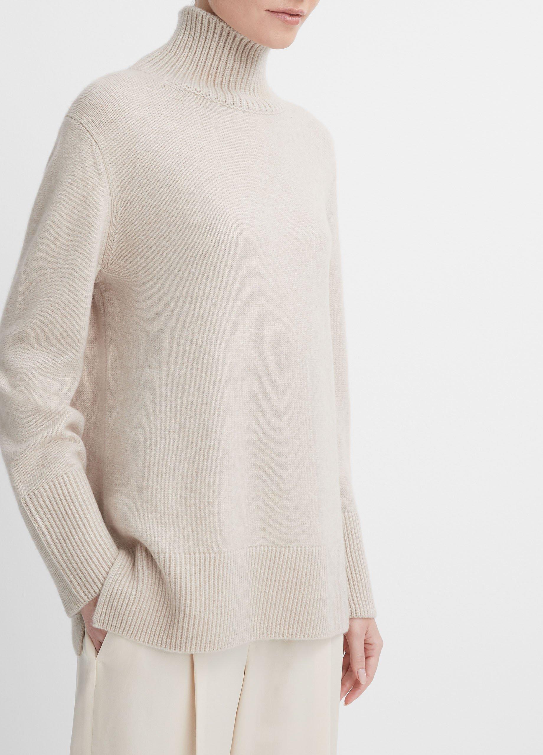 Mixed-Gauge Wool-Cashmere Turtleneck Tunic Sweater