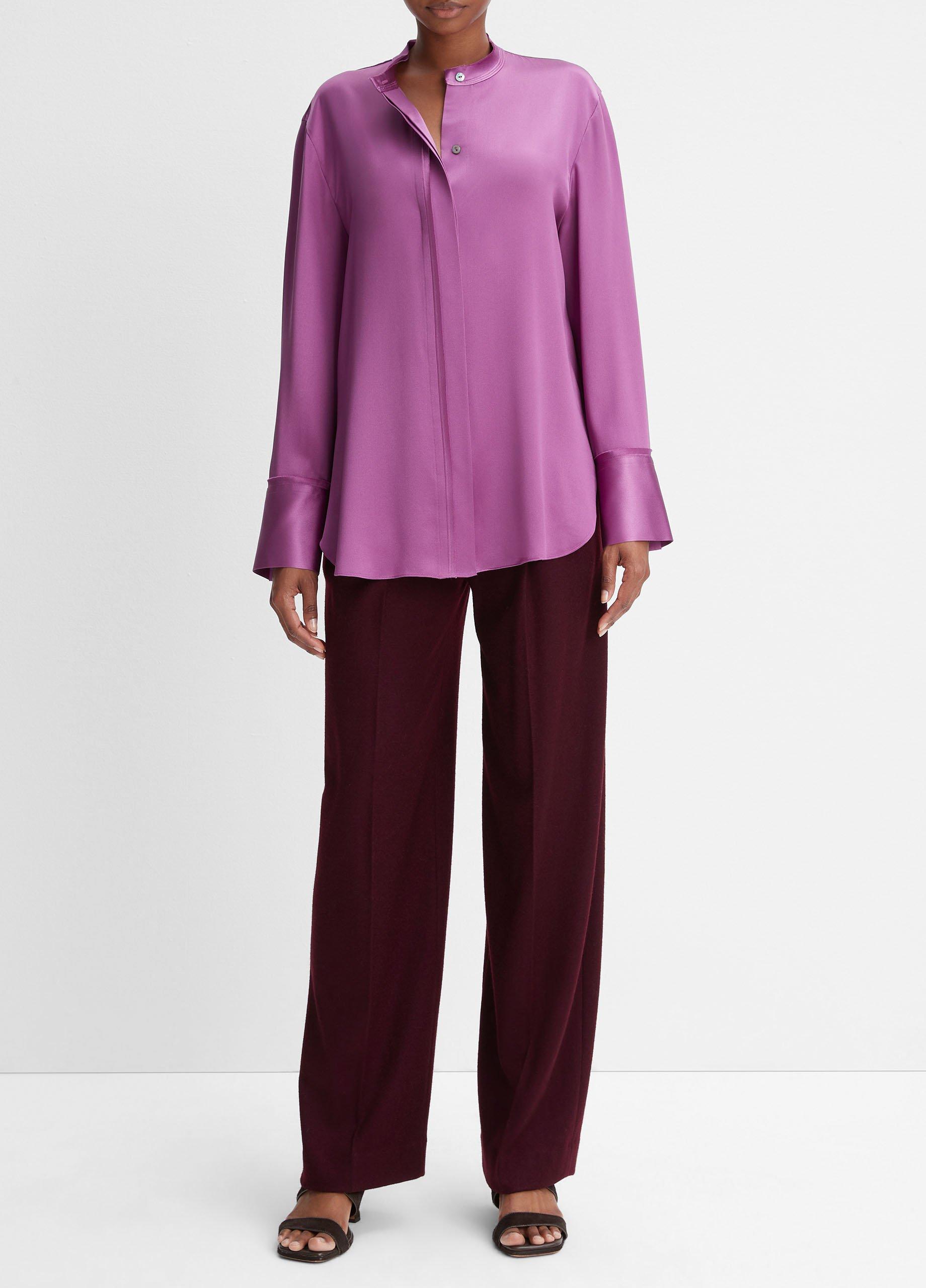 빈스 Vince Silk Raw-Edge Band-Collar Blouse,DEWBERRY