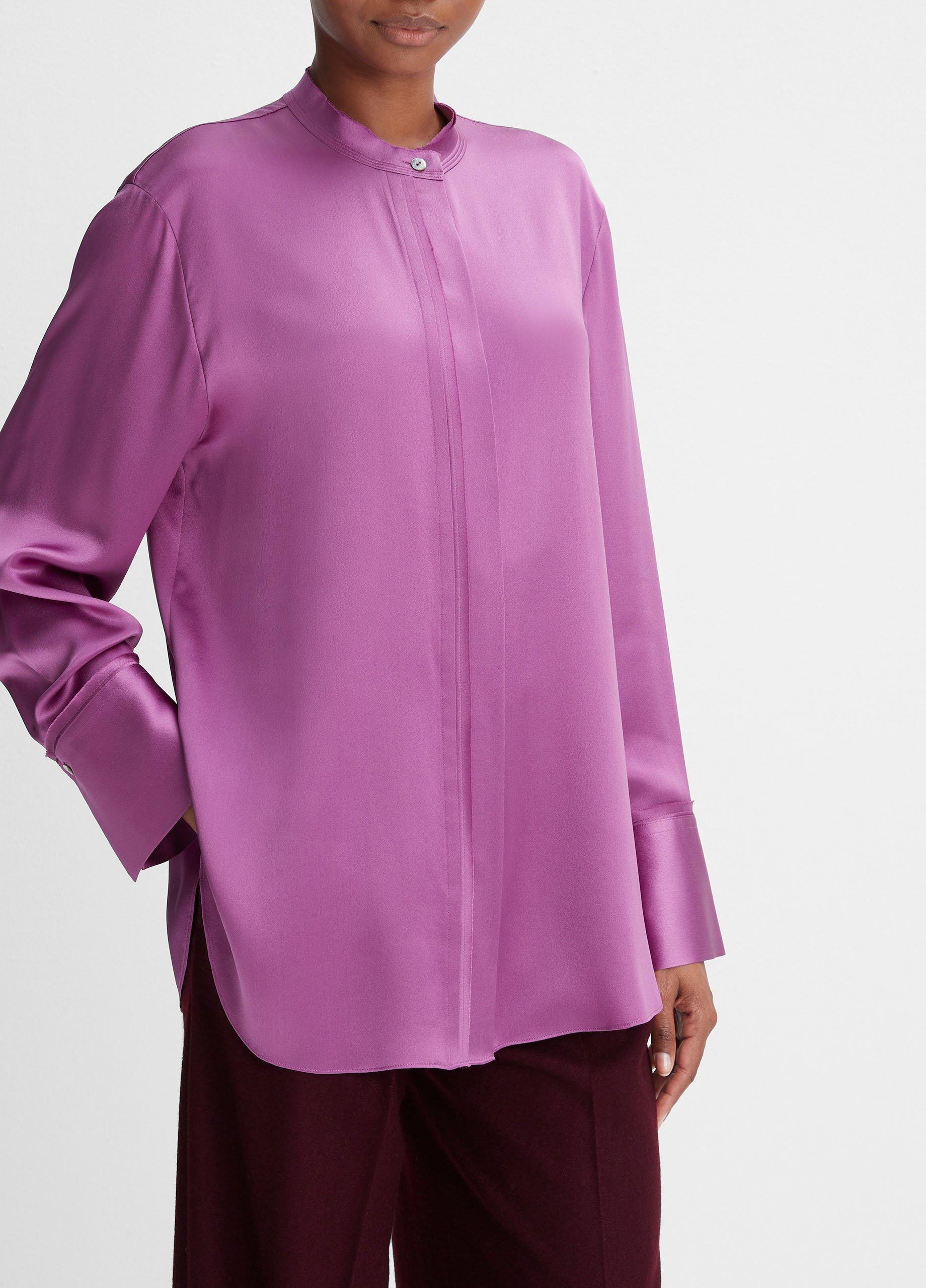 Silk Raw-Edge Band-Collar Blouse