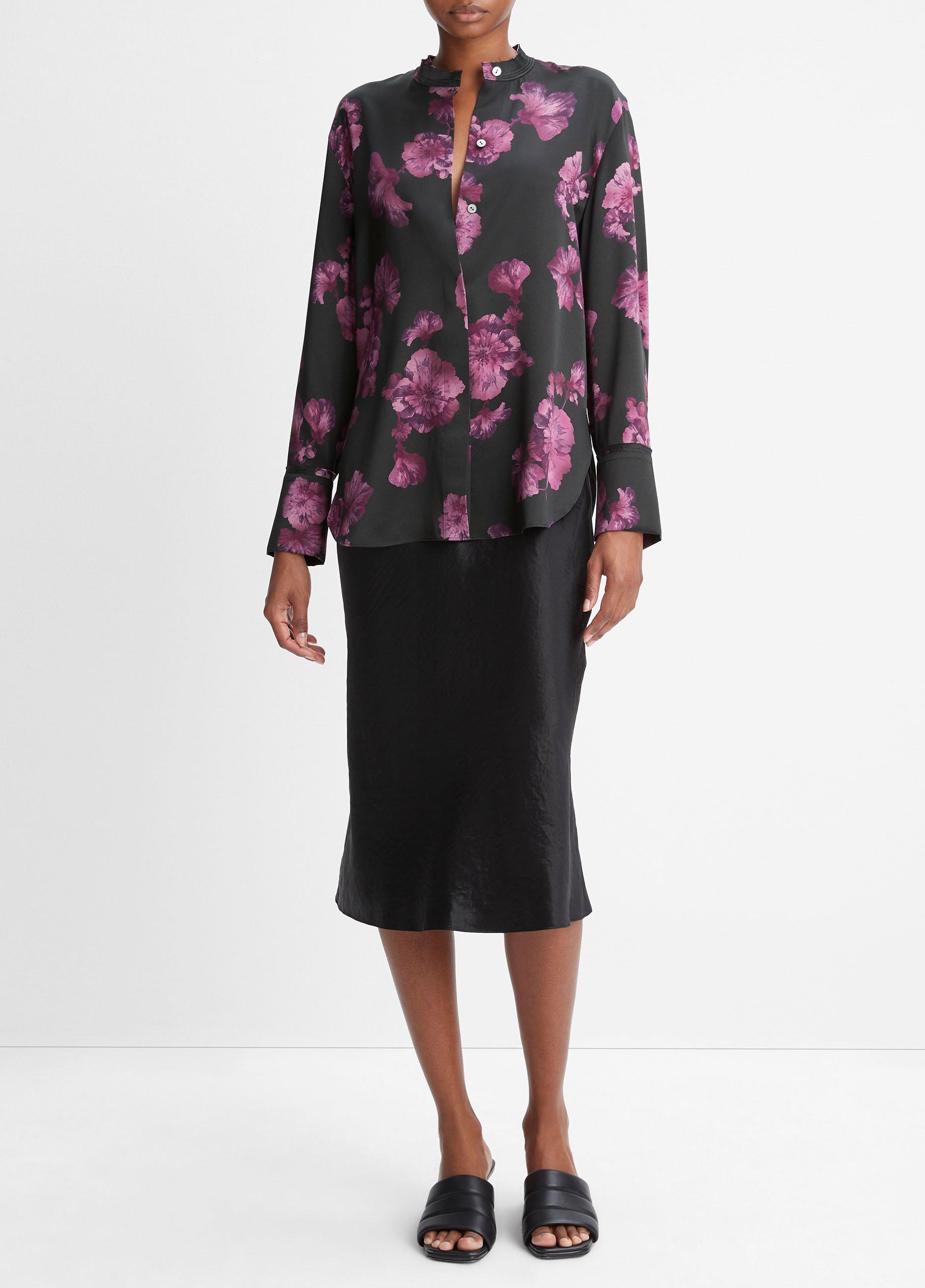 Begonia Silk Raw-Edge Band-Collar Blouse image number 0