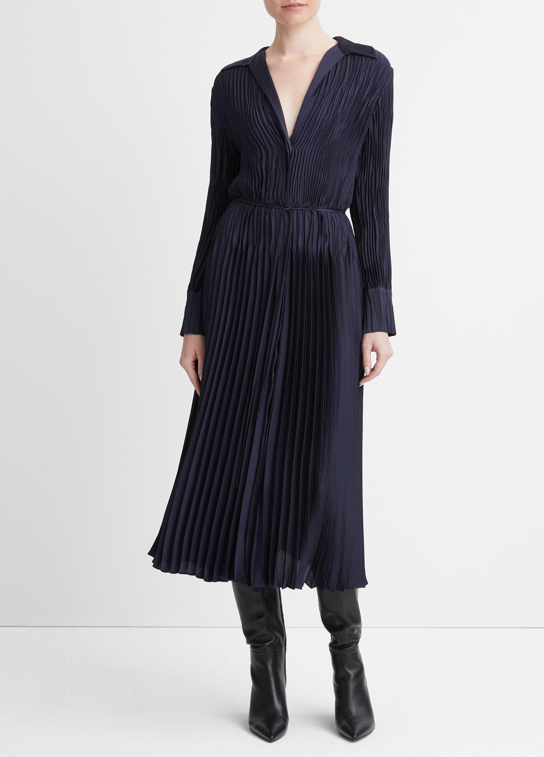 Pintuck-Pleated Long-Sleeve Shirt Dress