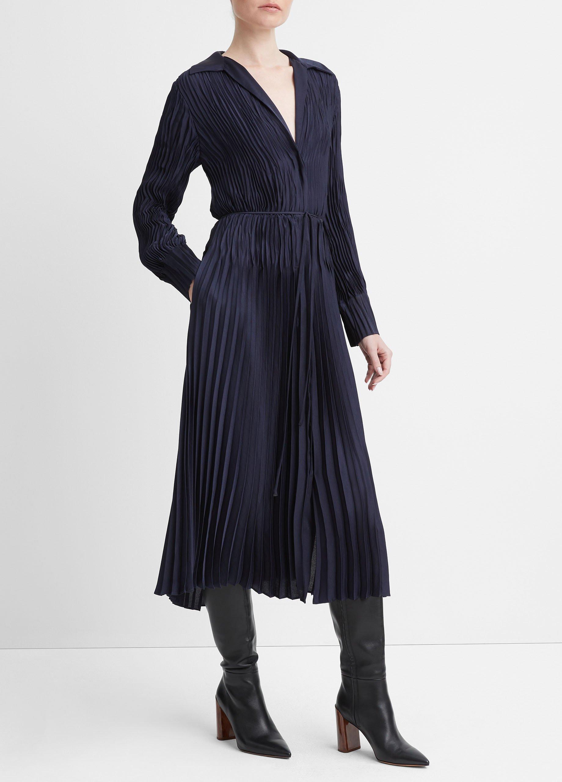 Pintuck-Pleated Long-Sleeve Shirt Dress