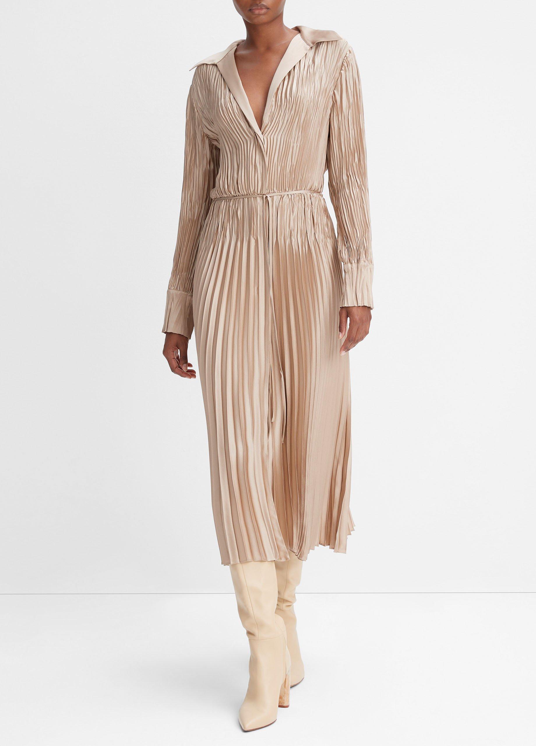 빈스 Vince Pintuck-Pleated Long-Sleeve Shirt Dress,PALE NUT