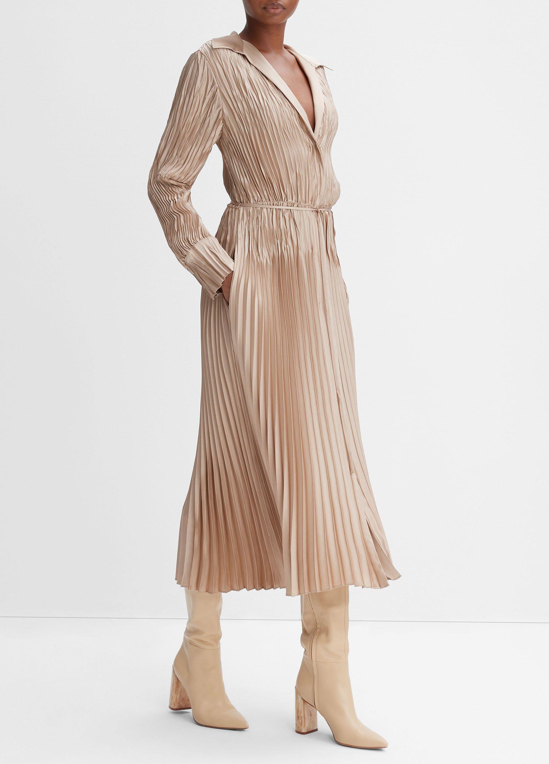 Pintuck-Pleated Long-Sleeve Shirt Dress in Dresses & Skirts | Vince