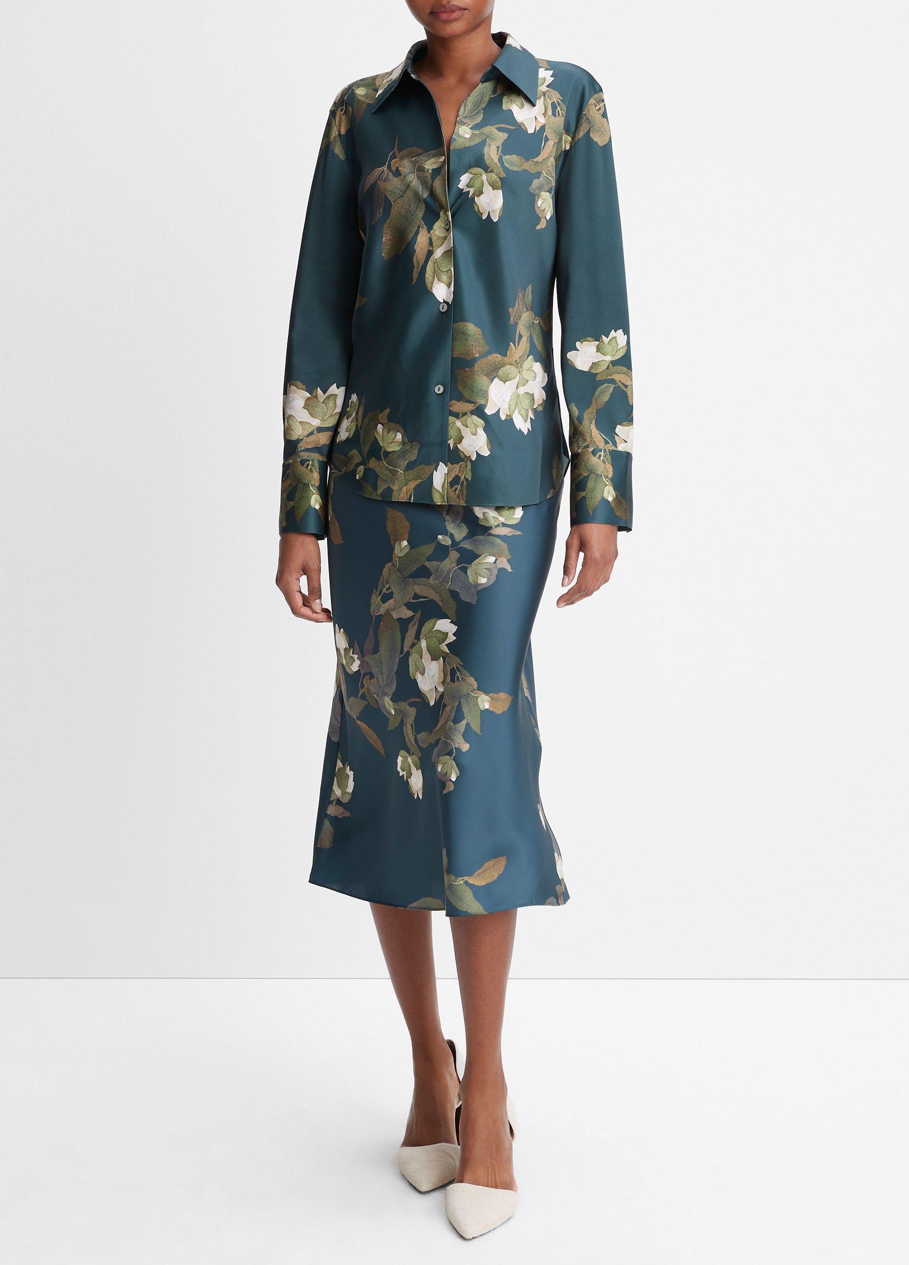 Camellia Branch Silk Bias Long-Sleeve Blouse image number 0