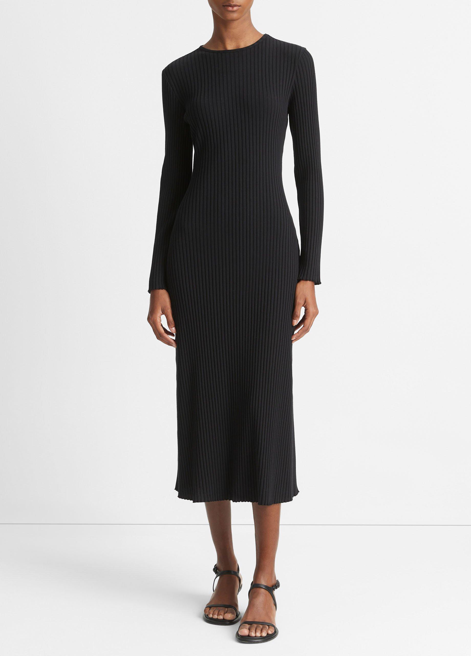 Ribbed Long-Sleeve Crew Neck Dress in Dresses