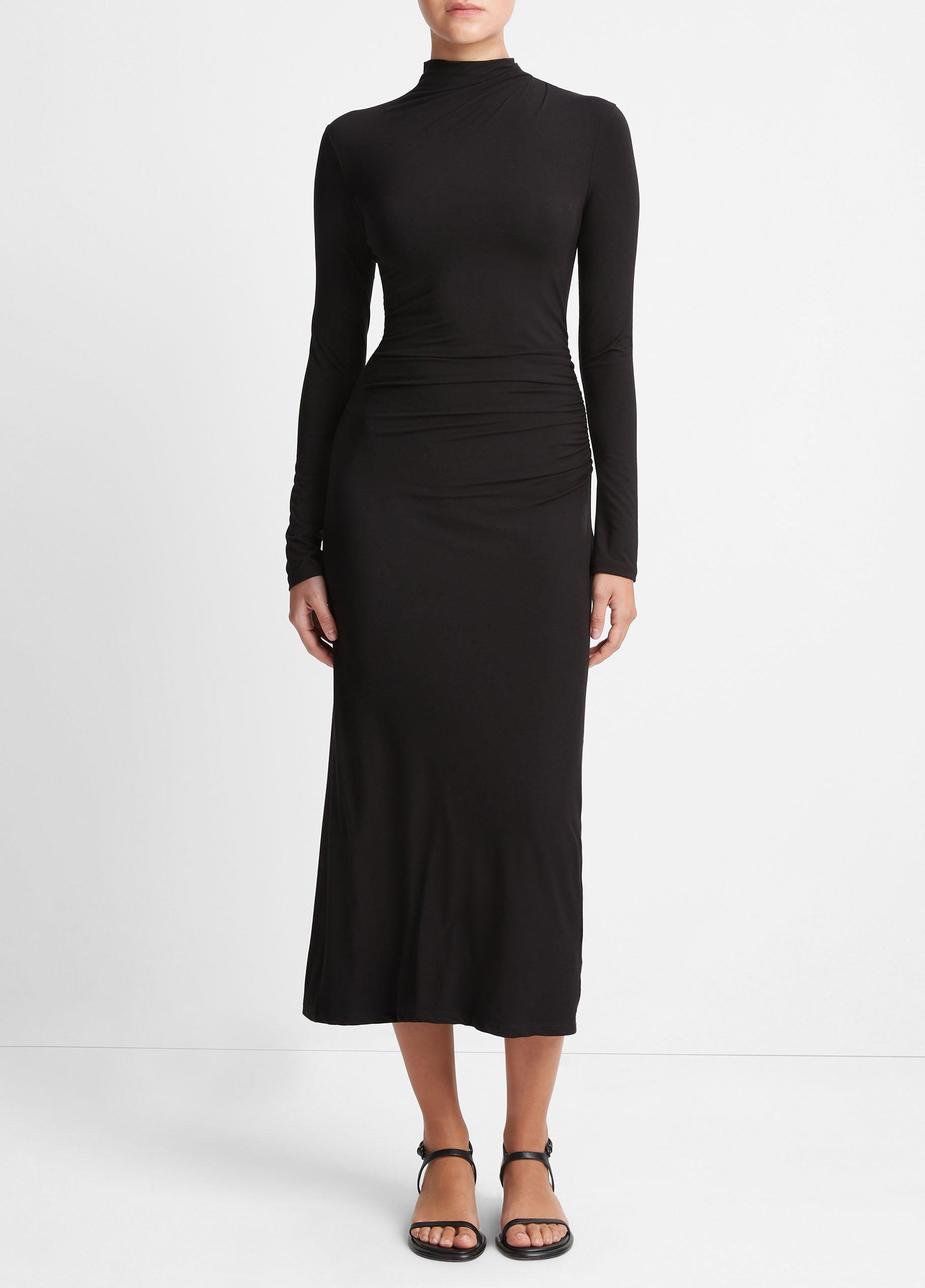 빈스 Vince Ruched Long-Sleeve Turtleneck Dress,BLACK