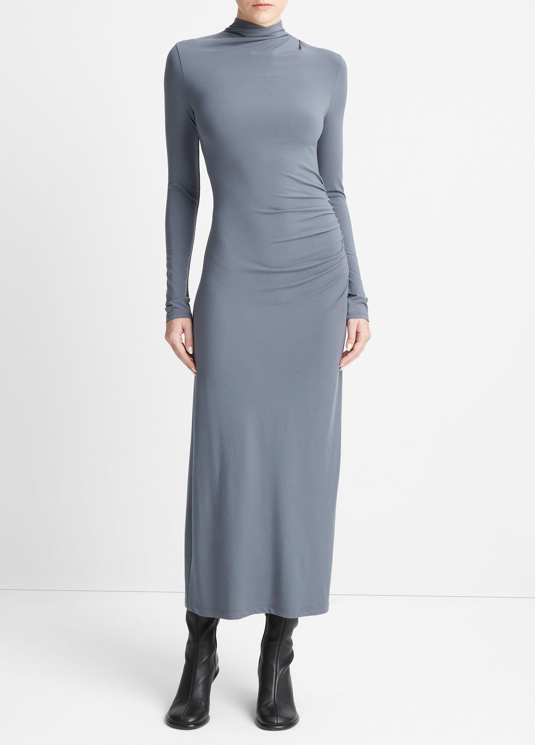 빈스 Vince Ruched Long-Sleeve Turtleneck Dress,PACIFIC AZURE