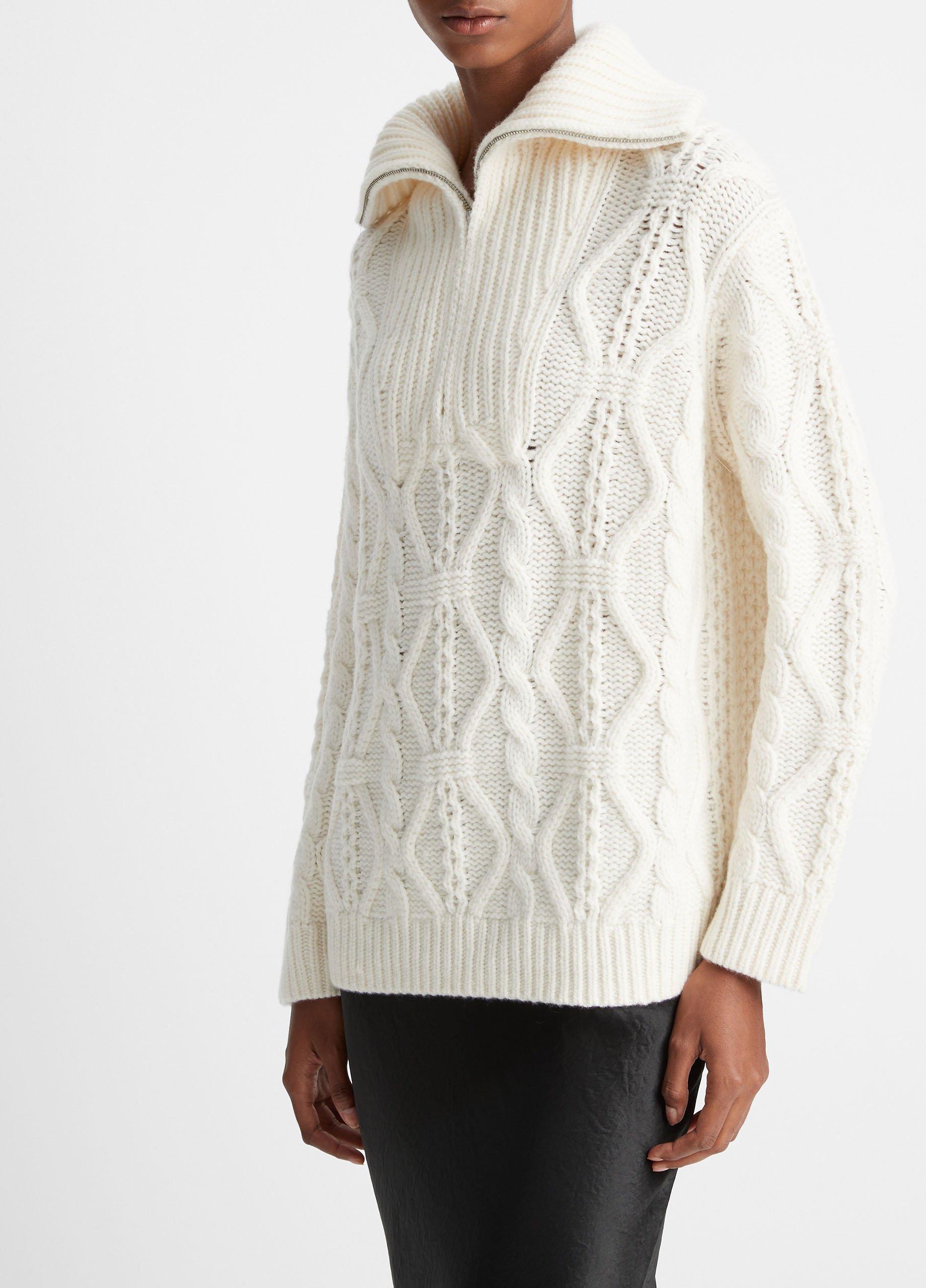 Merino Wool-Cashmere Aran Cable Crew Neck Sweater in Sweaters