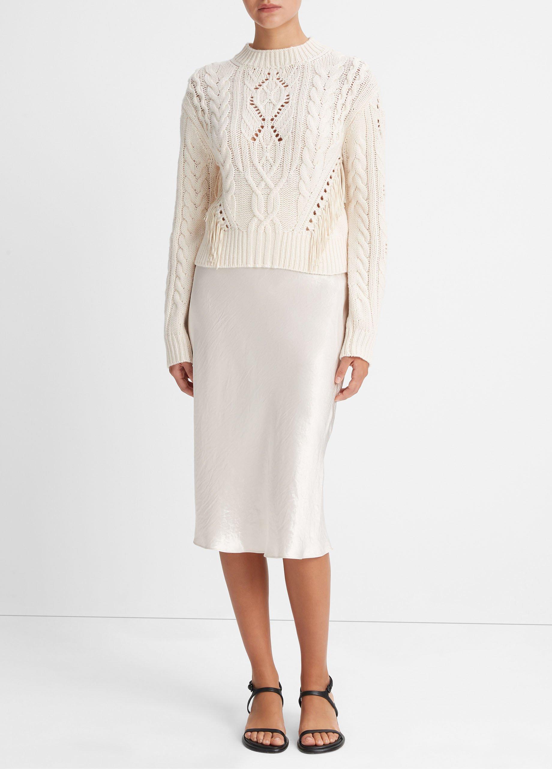 빈스 Vince Fringe Merino Wool-Cashmere Cable Sweater,CREAM